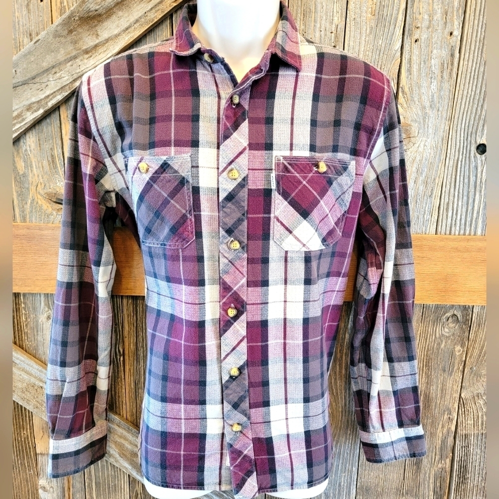 LEVIS Shirt Mens Medium Plaid Button Up Long Sleeve Multicolor front pockets